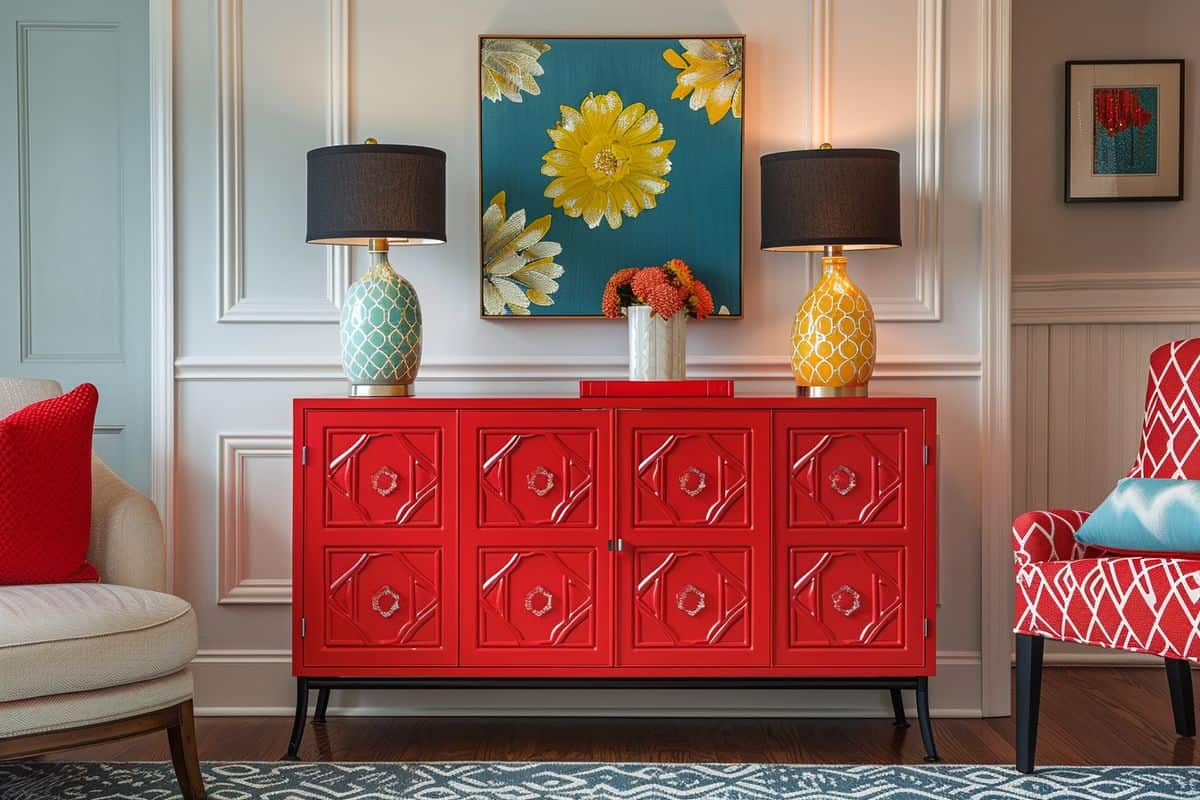 Vibrant red console with bold patterns adds energy to a room