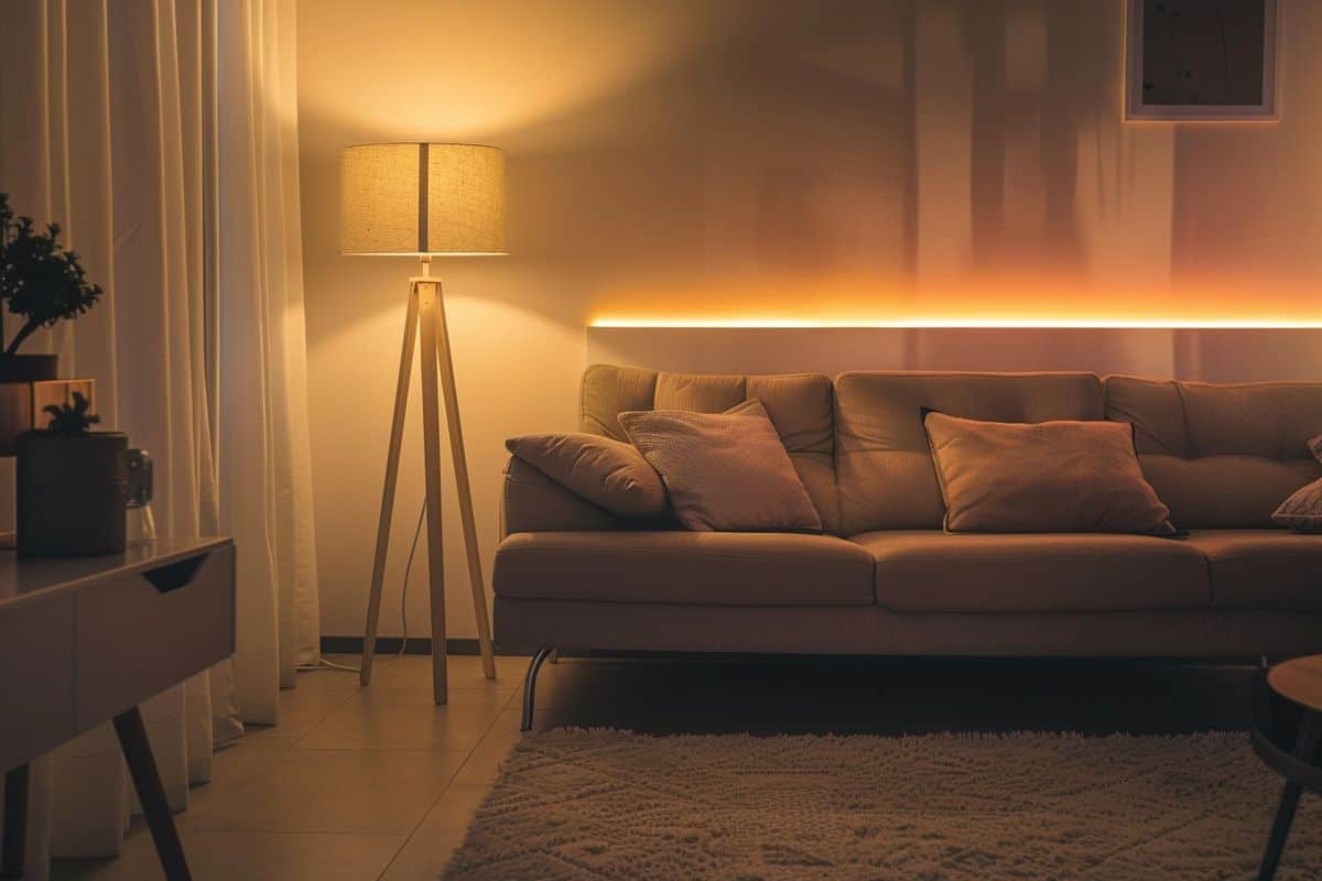 Welllit corner with a modern designer floor lamp enhancing the cozy ambiance.