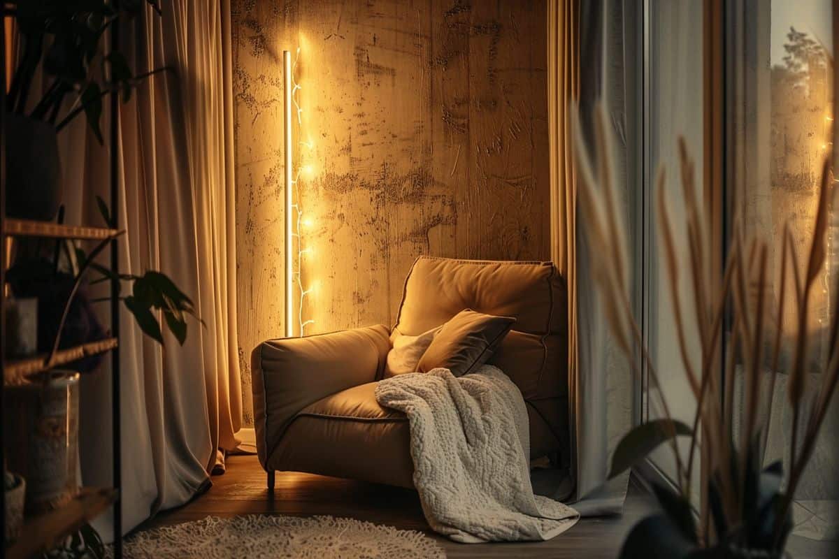 Softly lit corner with a cozy reading nook illuminated by a designer floor lamp