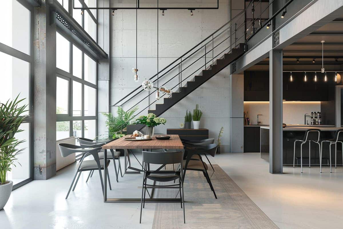 Modern console table paired with steel chairs in a loft